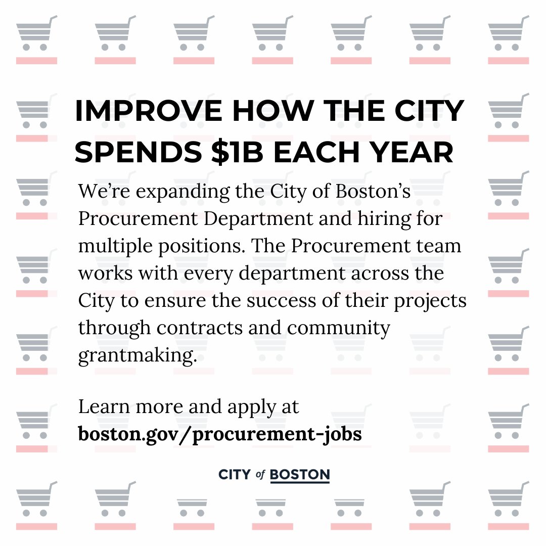 Improve how the City spends $1B each year: join the City of Boston’s Procurement Department! The Procurement team works with every department across the City to ensure the success of their projects through contracts and community grantmaking. Apply today! boston.gov/procurement-jo…