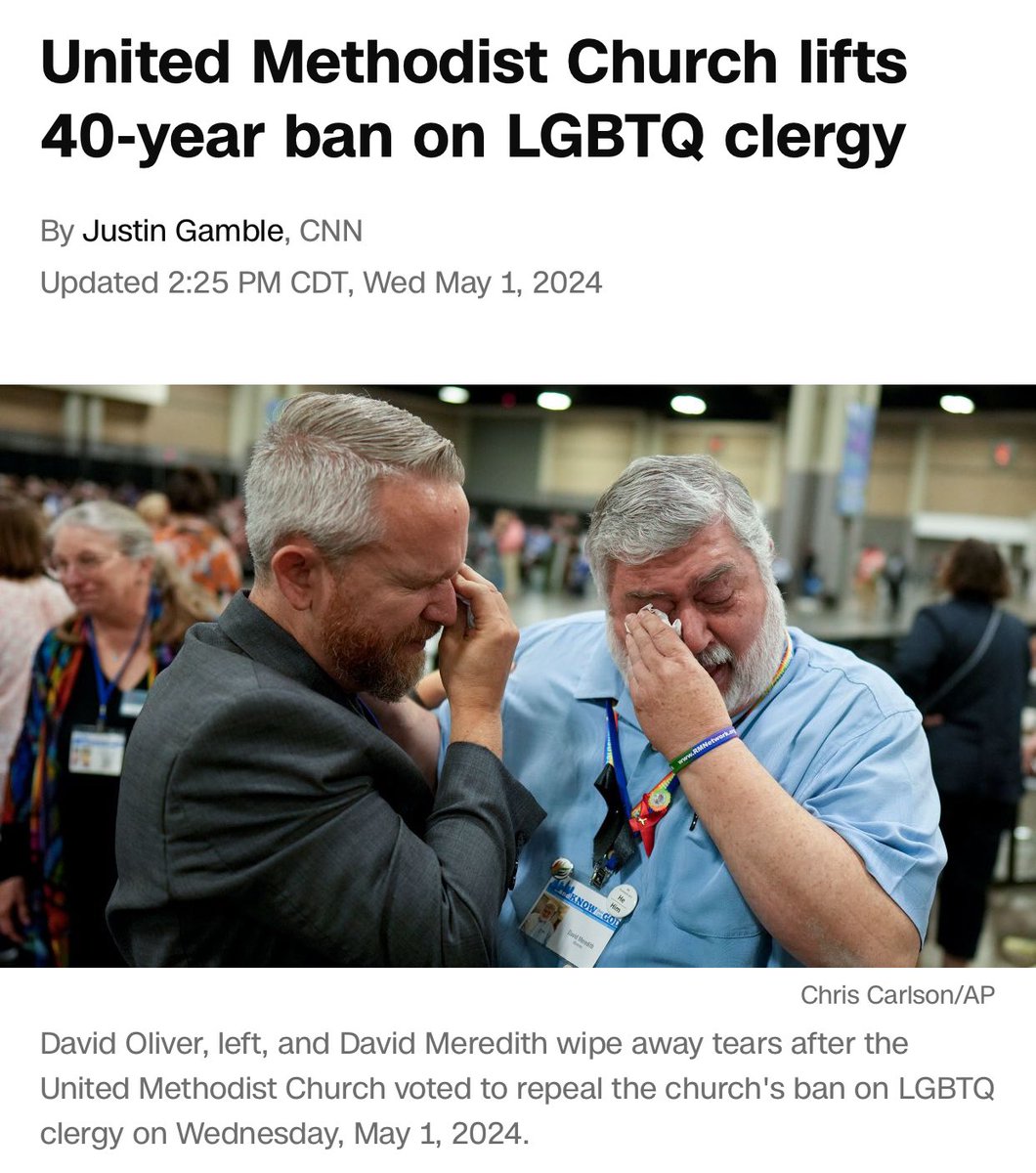 ICYMI— “The United Methodist Church overturned its 40-year ban on gay clergy, a historic shift in the church’s stance on homosexuality… The church has long been divided into factions over 🏳️‍🌈 inclusion, weighed splitting into 2  separate churches over it.” cnn.com/2024/05/01/us/…