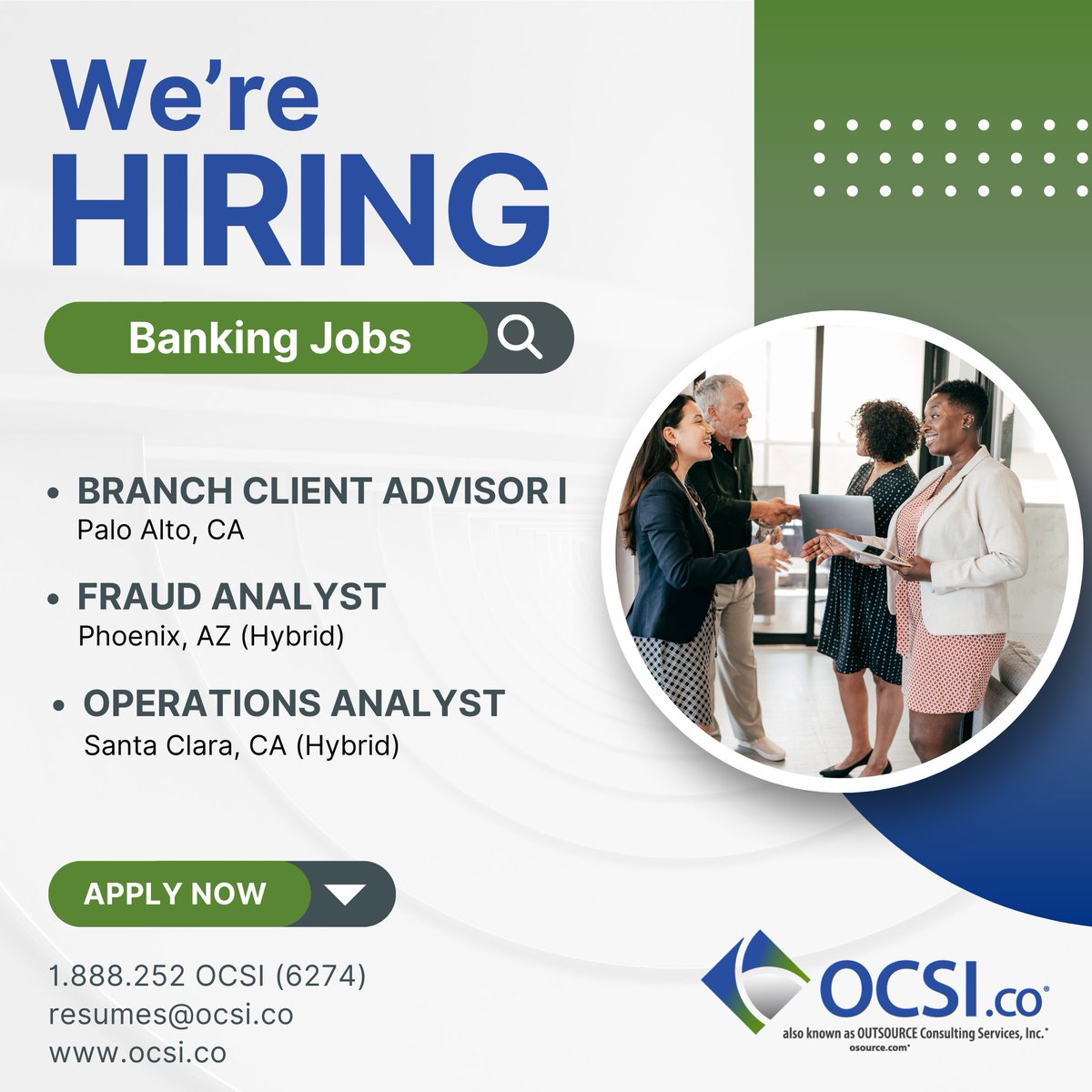 Join our team of Banking Professionals! Apply now at ocsi.co/job-seekers/.
#OCSIcoJobs #bankingjobs #phoenixjobs #bayareajobs #contractjobs #tellerjobs #fraudanalyst #hiring #jobopportunity #jobs #staffingagency #werehiring #careeropportunity #joinus #jobs #recruiting