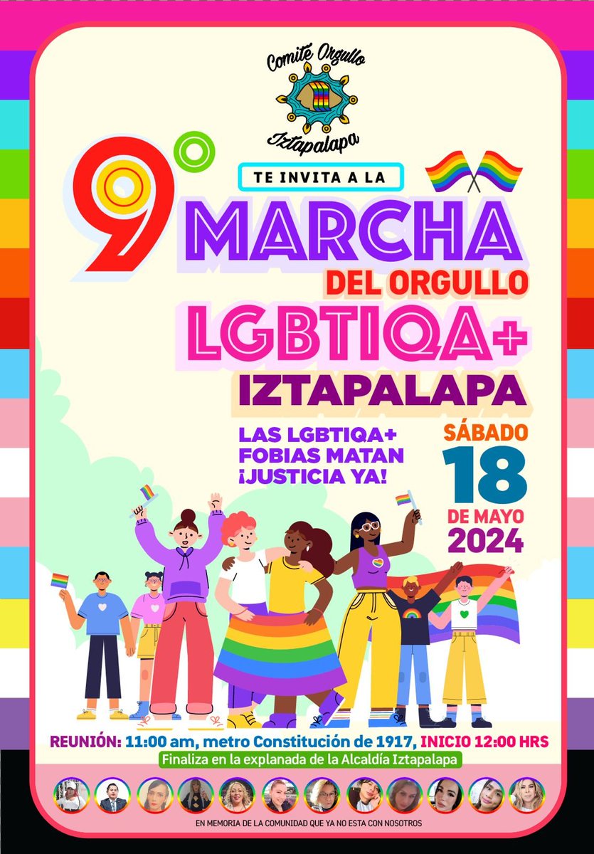 ¡Unidos por la Justicia y el Orgullo! #MarchaDelOrgullo #LGBTIQA+ #Iztapalapa2024️‍ 18 de Mayo | 11:00 am Cita: Afuera del #MetroConstitución de 1917 Conmemoración del #17DeMayo | 'Las LGBTIQA+ Fobias Matan, ¡Justicia Ya!' 🏳️‍🌈🏳️‍⚧️ ¡No faltes! #OrgulloSinMiedo #JusticiaParaTodas