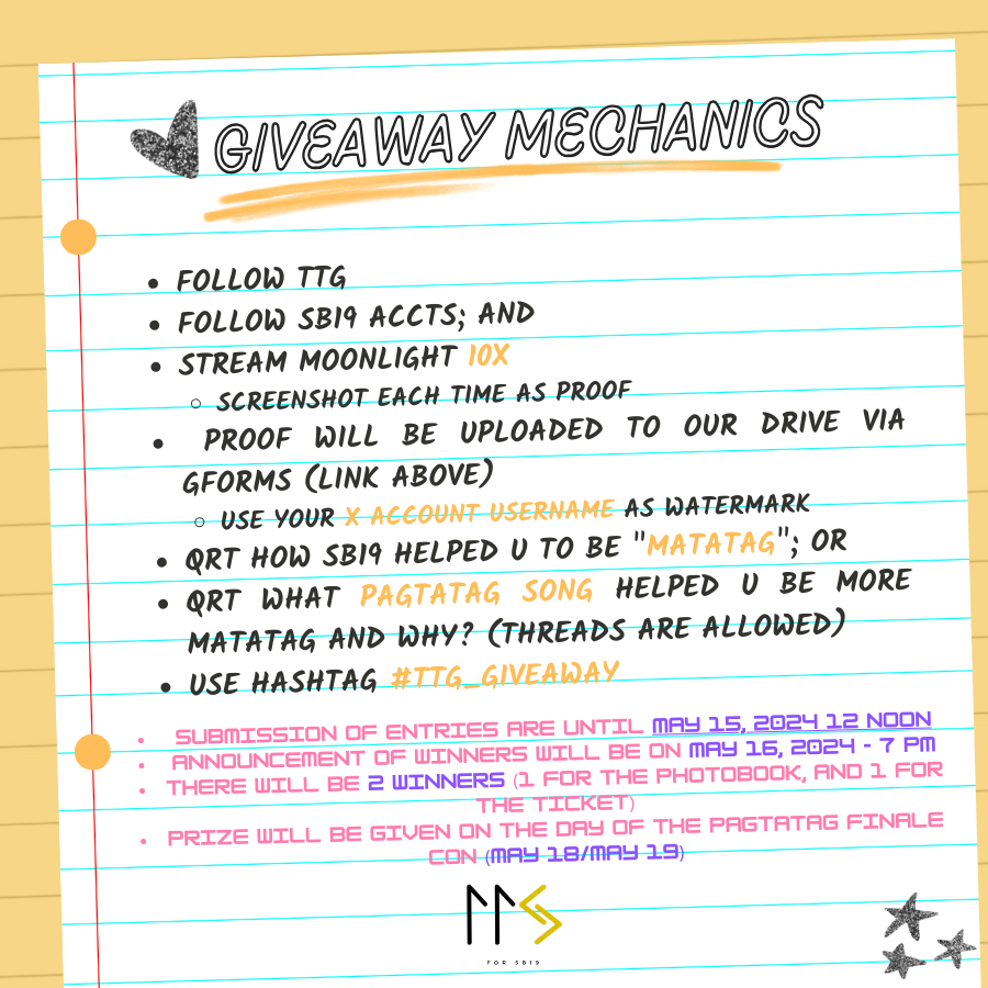 GIVEAWAY ALERT! ⚠️

Stream Moonlight & Get a chance to Win a Pagtatag Photobook and a Pagtatag Finale Day 2 GA Ticket! 

See Mechanics below on how to join 🔽🔽🔽

GFORMS 🔗 forms.gle/NFY4da4npXq9XP…

#TTG_GIVEAWAY
@SB19Official
#SB19 #MOONLIGHT 
#IanxSB19xTerry