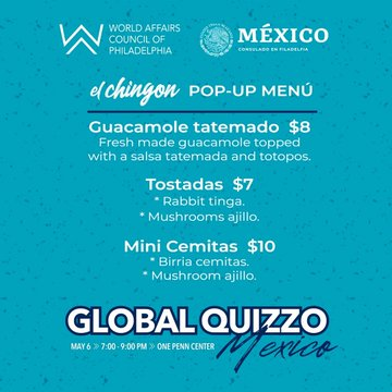 ConsulmexFila's tweet photo. Este lunes 6 de mayo a las 6:15pm celebraremos nuestro #GlobalQuizzo, en alianza con @wacphila y donde podrás degustar la deliciosa gastronomía de #ElChingon durante su exclusivo pop-up.
Pon a prueba tus conocimientos sobre #México y, ¡regístrate ya!
https://t.co/6RPXB3ggZH https://t.co/PglPUNe0Pm