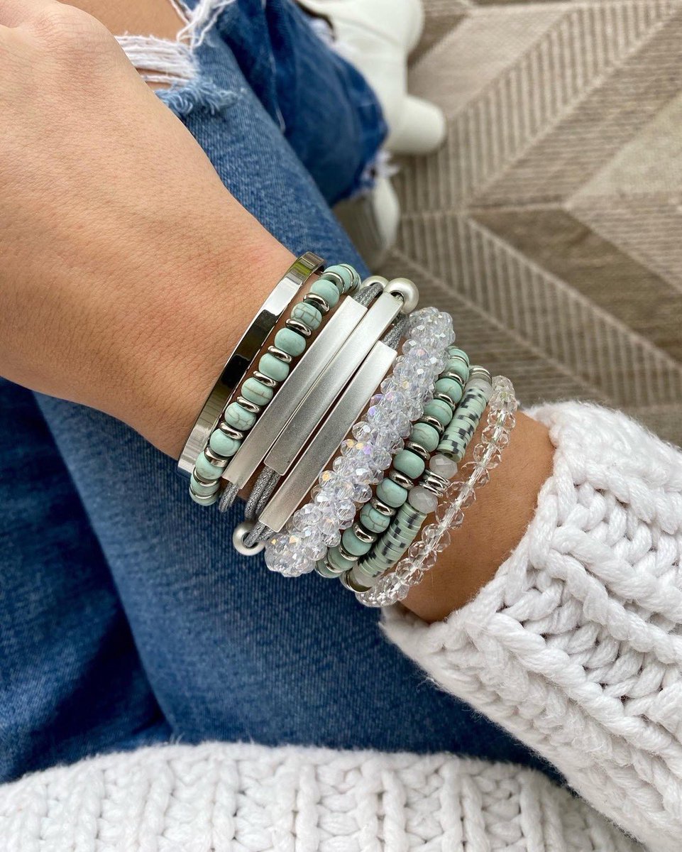 Create a look you love with our unique jewelry 🤍 #kinsleyarmelle #stainlesssteeljewelry #naturalstonejewelry #bracelets #braceletstack #boho #bohojewelry #bohostyle