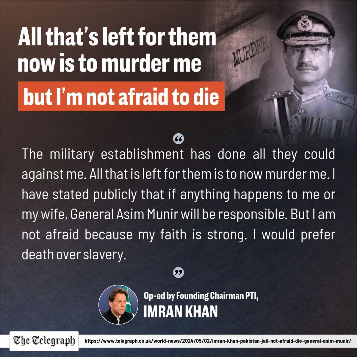 Imran Khan writes exclusively for The Telegraph @Telegraph from his Pakistan prison cell: telegraph.co.uk/world-news/202… “The military establishment has done all they could against me. All that is left for them is to now murder me. I have stated publicly that if anything happens to me…