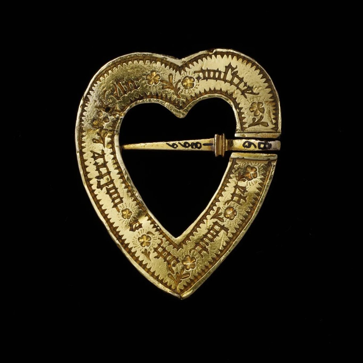 Reverse of a gold brooch, inscribed in Medieval French 'Ours and Always at your Desire', 1400s. Collection: The Victoria & Albert Museum. Via: Erica Weiner.