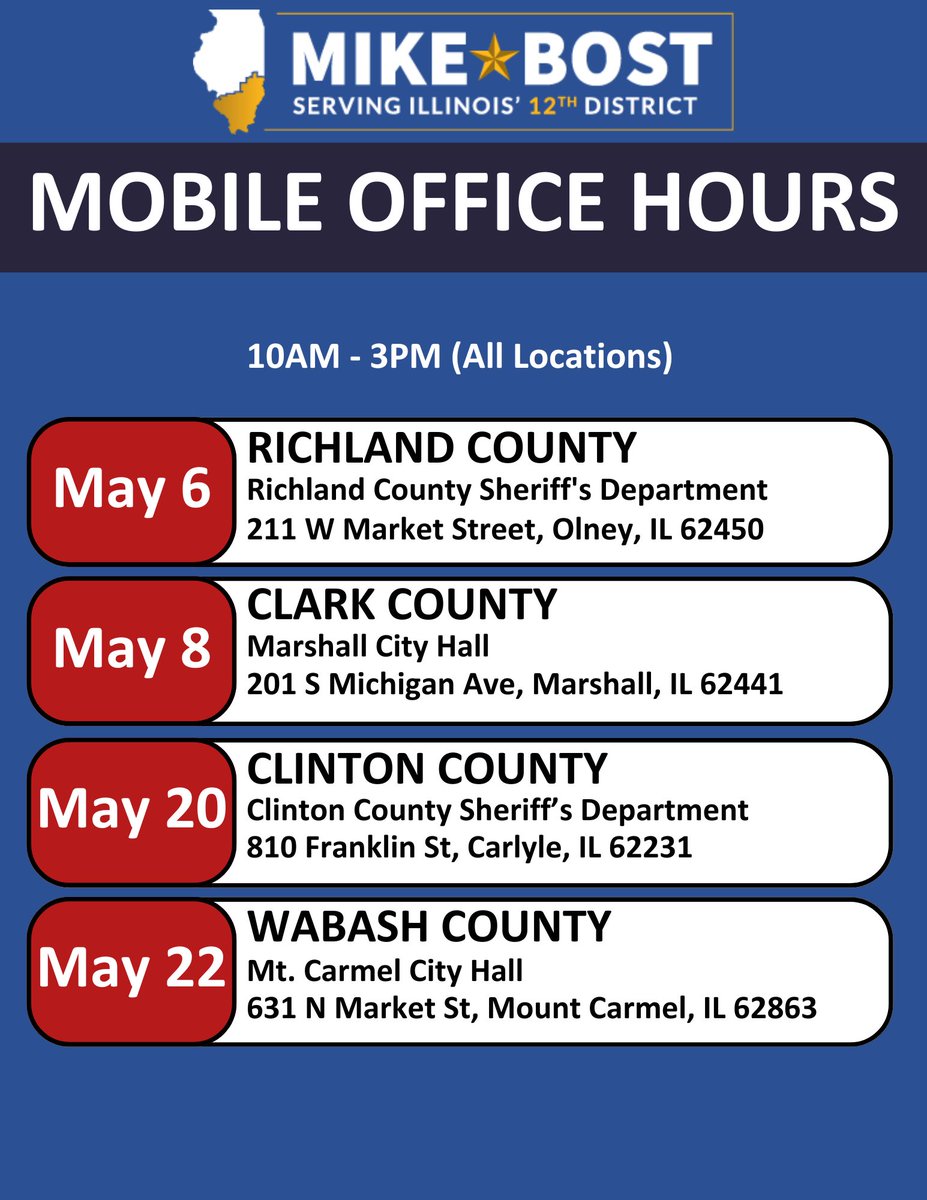 Our staff will be hosting mobile office hours across Southern Illinois in May so you can speak with our casework experts with comfort and convenience. Please visit with any questions you may have regarding veterans’ benefits, Social Security, Medicare, the IRS & more.