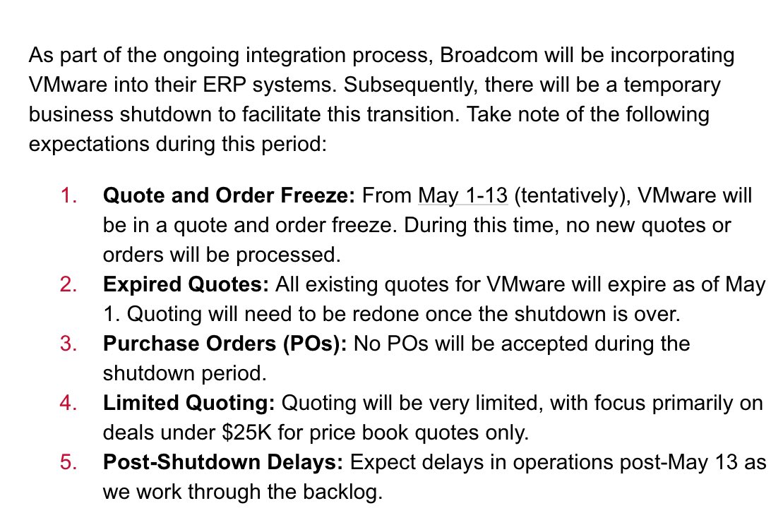 As if the @Broadcom @VMware new pricing and slashing the partner program wasn’t shitty enough, now I have 4+ projects in limbo for two weeks until I’m forced to RE-QUOTE them with likely even higher subscriptions. And this isn’t the first pause since the deal.🖕🏼#vmware #broadcom