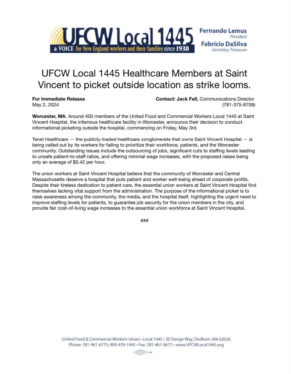UFCW Local 1445 Healthcare Members at Saint Vincent to picket outside location as strike looms: