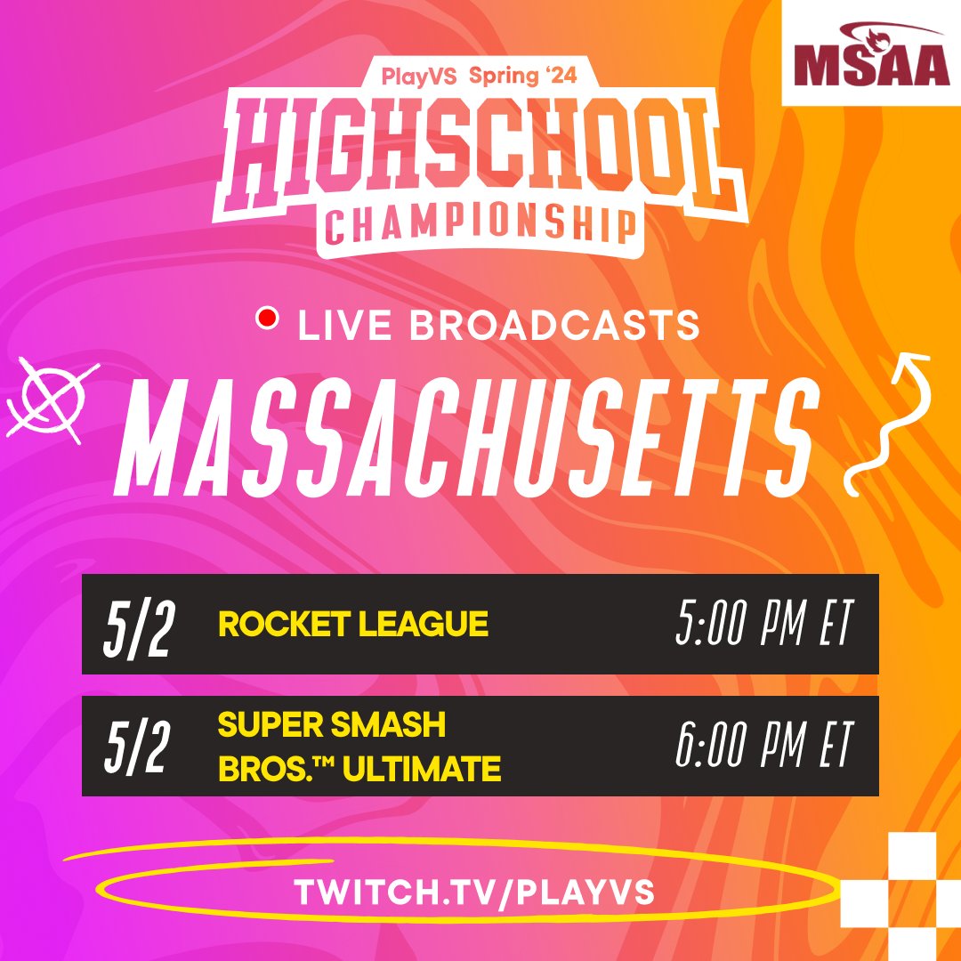 MASSACHUSETTS @MSAA_33 We got Rocket League and Super Smash Bros.™ Ultimate today twitch.tv/playvs