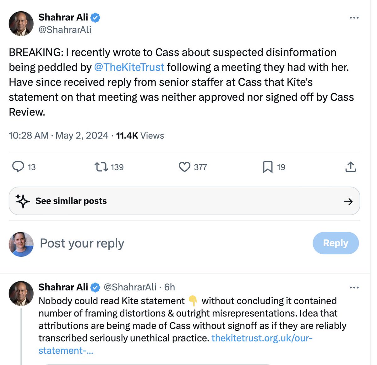 FACT CHECK: Activist Reed's triumphant April 19 essay that falsely claimed, 'Dr. Cass Backpedals From Review,' is based on a written 'interpretation' of a meeting with Cass by @TheKiteTrust, @ShahrarAli finds. Cass and her team told Ali they did not sign off on the document. 🧵⬇️