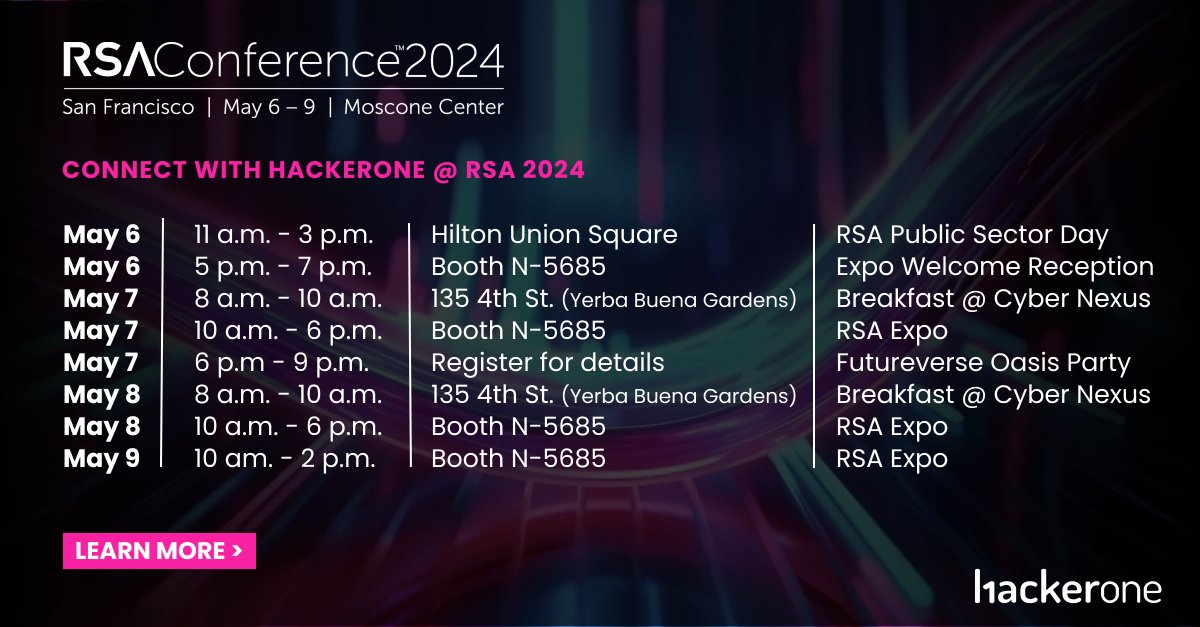 Next week at #RSA2024 is going to be EPIC! 🙌 We're hooking you up to everything you need to make your week incredible. 🥐 Free Breakfast 🥳 A party in the 'Futureverse' 🤖 Your chance to meet Hai 🗣️ Q&A with HackerOne experts 👕 Swag See you there! bit.ly/3TW6Okk