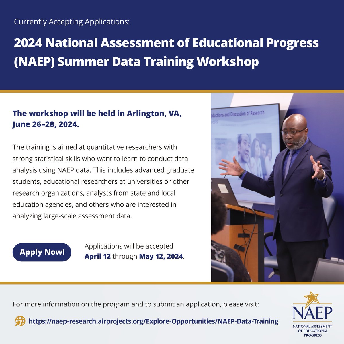 ICYMI: @NAEP_NCES is currently accepting applications for the NAEP Data Training Workshop, being held June 26-28 in Arlington, VA. Get an intro to #COVID data collections & conduct data analysis using #EdStats from the Nation’s Report Card! naep-research.airprojects.org/Explore-Opport… #EdResearch