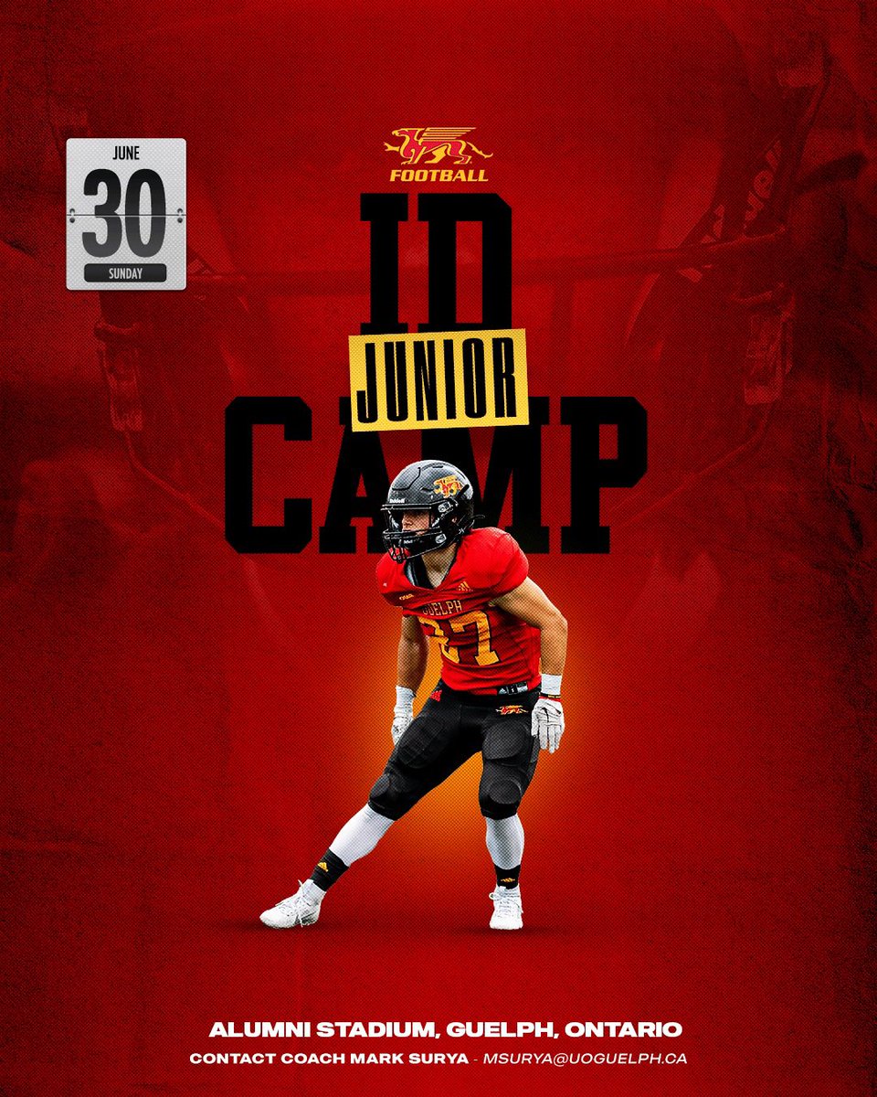 🏈 JR ID Camp 🚀 📅 June 30th  ⏰ 10:00 AM – 5:00 PM 📍 Alumni Stadium, Guelph ON 🤷🏽Age: (2005 - 2010) 💰 Registration Fee: $100.00 👕 Gryphon Football T-Shirt 📊 Testing Scores 🏆 MVPs 🎓 Excellent Coaching 🚨 Register: tr.ee/mFO9jGs3qm #LeaveYourMark