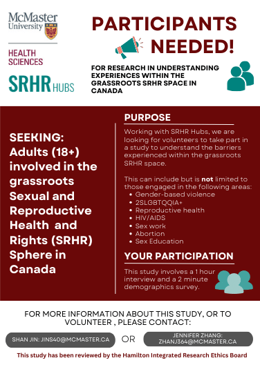 ❓Are you 18+ and engaged in the grassroots sexual and reproductive health and rights (SRHR) realm in Canada? @SRHRHubs wants your feedback! See poster below for details, and find more info at srhrhubs.org/research