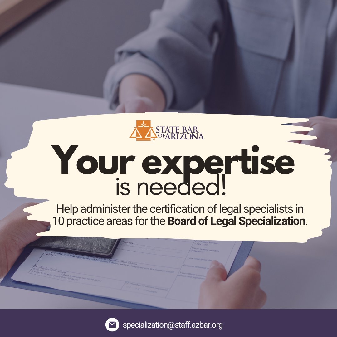 Help administer the Bar’s Certified Specialists program! ⚖️The group will examine applications and peer review information submitted by attorneys seeking specialization certification or recertification. Apply today! ow.ly/U63450Rr5Et