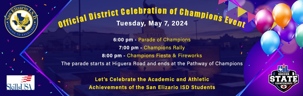 Join us for an unforgettable celebration! San Elizario ISD hosts the 'Parade of Champions' to honor our outstanding students. Mark your calendars and come cheer for our champions. #CommitmentValorYCorazon