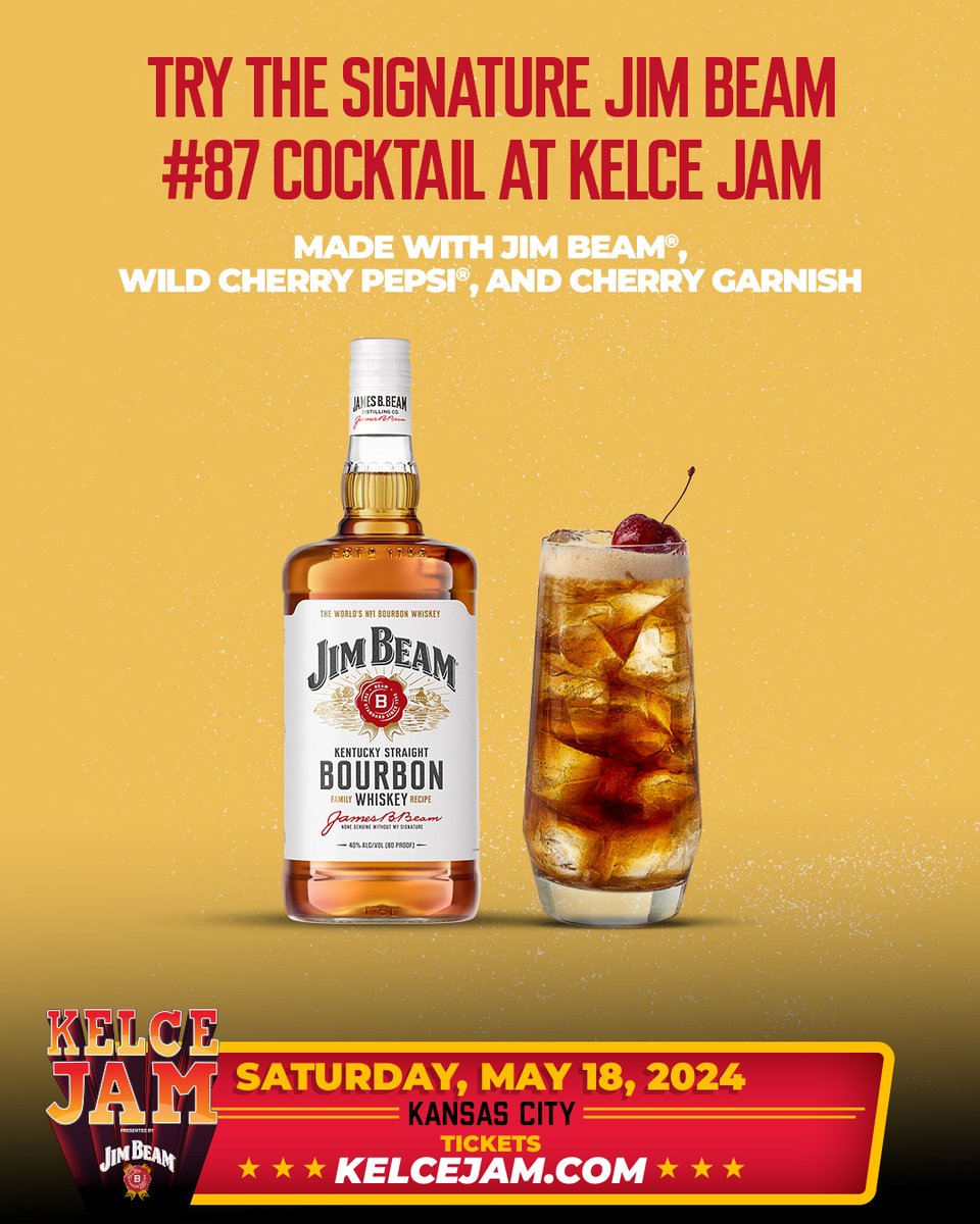 Cheers to the weekend with the iconic @JimBeam #87 Cocktail at Kelce Jam! 🥃 Indulge in the classic combination of Jim Beam and Wild Cherry Pepsi for a refreshing sip that hits all the right notes. 🍒