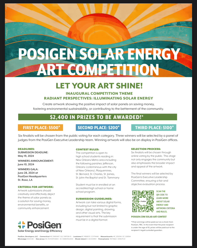 Happy 'World Sun Day'! Louisiana high school artists are invited to enter the POSIGEN SOLAR ART COMPETITION! Winners will receive cash prizes and winning submissions will be used as decor at Posigen Corporate headquarters. Deadline to submit student artwork is MAY 19, 2024.