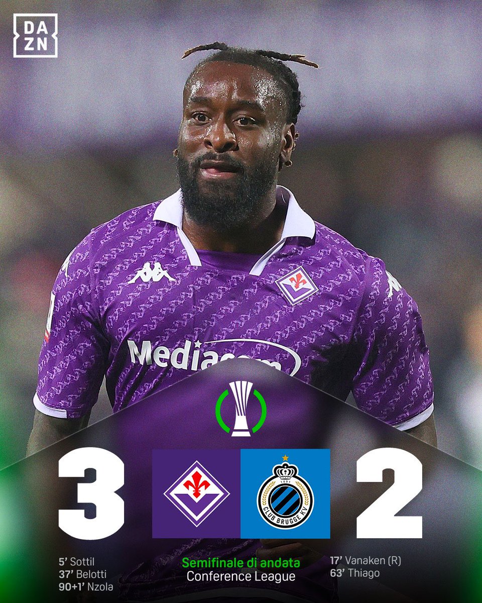 #ConferenceLeague #UECL 🏆
#FiorentinaClubBrugge 3️⃣ 2️⃣
⚽️ #Sottil (5') 
⚽️ #Vanaken (17')
⚽️ #Belotti (37')
⚽️ #Thiago (63')
⚽️ #Nzola (90'+1')
#WeAreCalcio #Calcio #UEFA
@s_tamburini @ZZiliani @brunosiciliano7 @TolliVincenzo @DiegoDeLucaX @Carloalvino @FBiasin @CucchiRiccardo