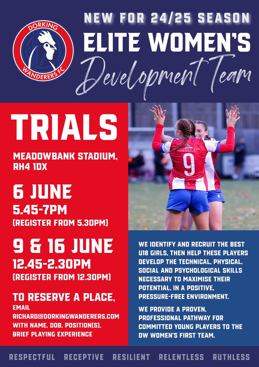 NEW for 24/25: @DWFCWomen’s Development Team! 

TRIALS: 6, 9, 16 June, Meadowbank Stadium. 

Senior football for talented local U17/U18 players & one step from the DWFC First Team! 

Email richard@dorkingwanderers.com to reserve your place. 

#WeAreWanderers #FutureWanderers