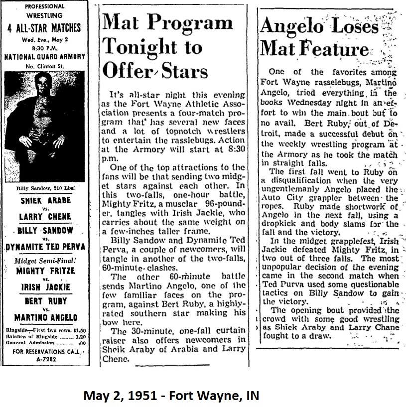 May 2, 1951 - Armory, Fort Wayne, IN Main Event: Martino Angelo vs. Bert Ruby