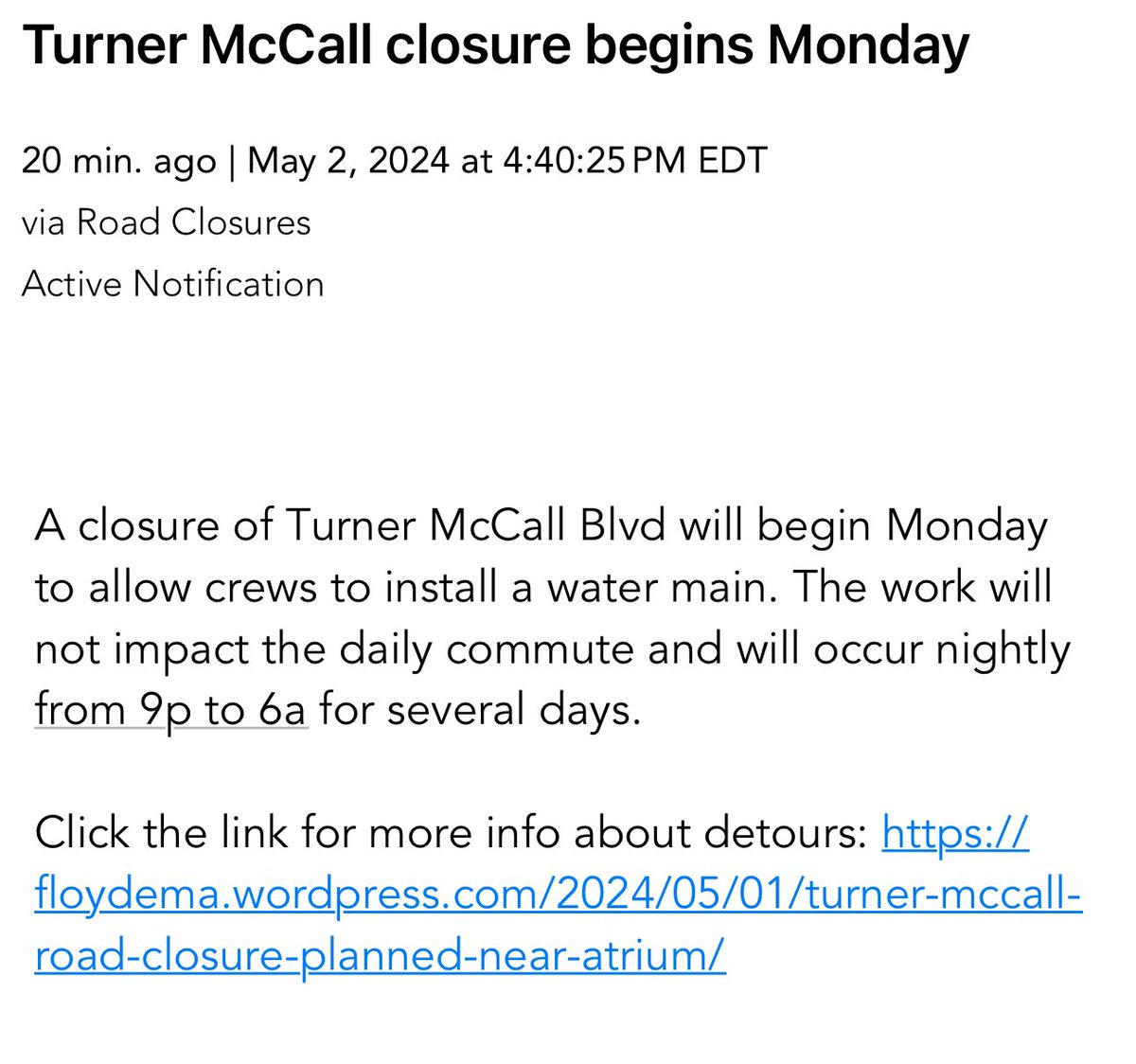 Road closure of Turner McCall in Rome. From Floyd EMA. #RomeGa #FloydCountyGa