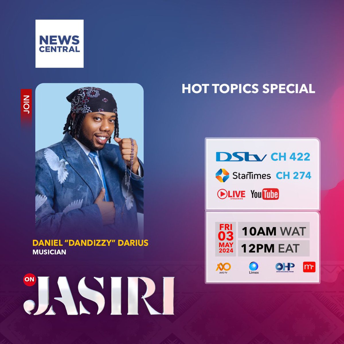 Get your weekend started right! Join the ladies of Jasiri for a Hot Topics special tomorrow at 10 AM WAT with music sensation @iDanDizzy. Watch live on DSTV channel 422, Startimes channel 274, or streaming on our social media platforms.