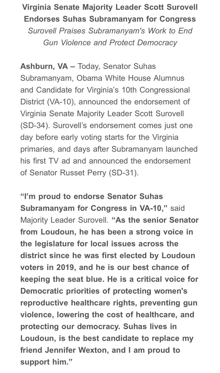 Senate Majority Leader @ssurovell is endorsing @SuhasforVA for the Democratic nomination in VA-10