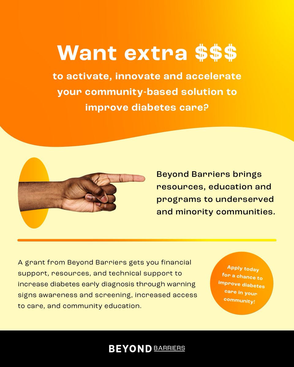 🎉 Beyond Barriers is a diabetes health-equity program that brings resources & programs to underserved and minority communities.

👉 Innovation grant applications are open until May 10th!

👉 We encourage local organizations to apply!

Learn more: bit.ly/4aihPCg