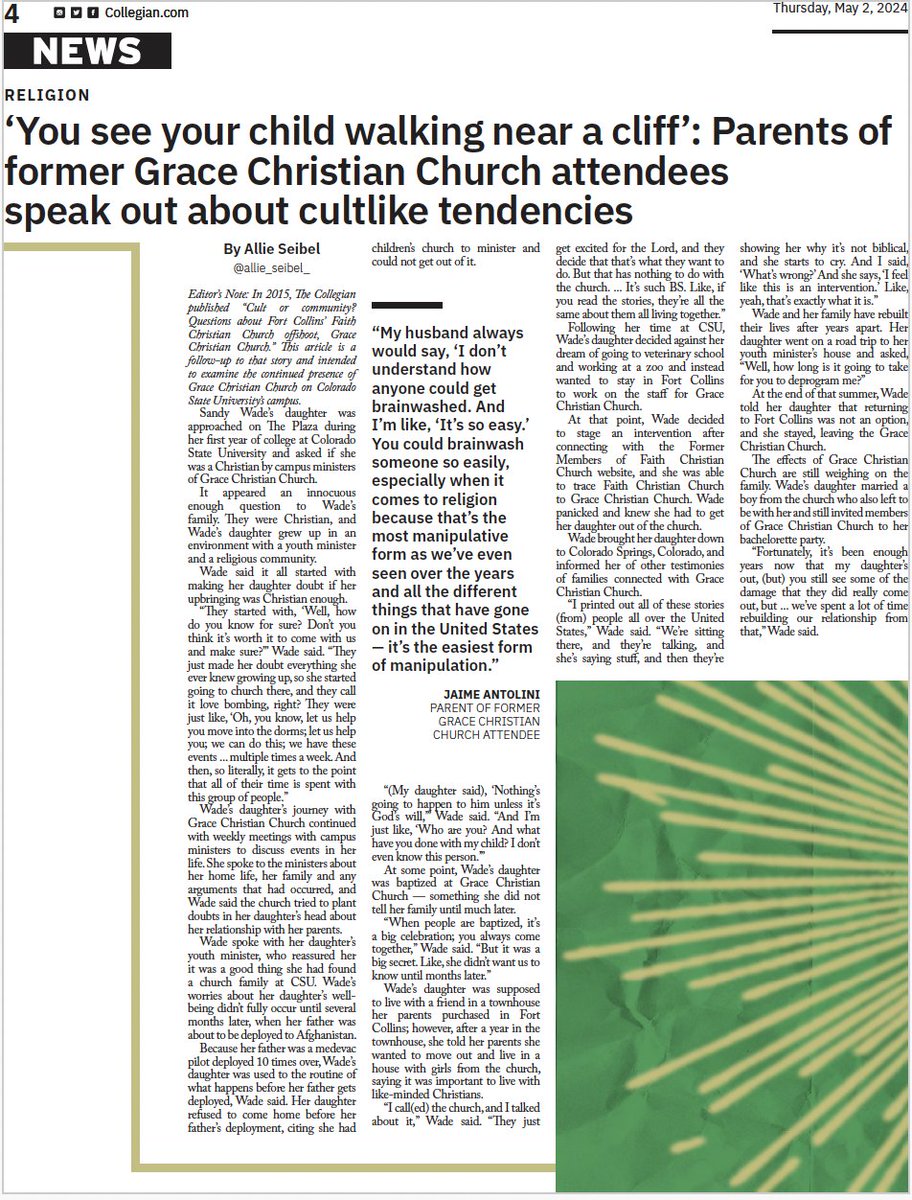 CSUCollegian's tweet image. IN THIS WEEK&apos;S PRINT: Cult special edition, family members of former Grace Christian Church attendees speak out, craft beer cult, environmental privilege, alien abductions, and MORE

collegian.com

#csucollegian #coloradostateuniversity #fortcollins #cult