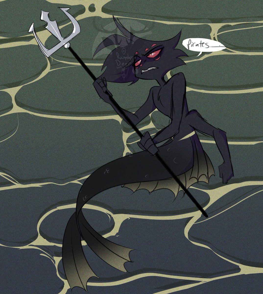 Another MerNiss bc the AU is clingwrap. 
Niss's trident is just a blade; It's not magical.
Niss's family also takes out pirate ships, since pirates catch and sell merfolk-- Which is why he's been scoping out the ship Mo is on.
#arackniss