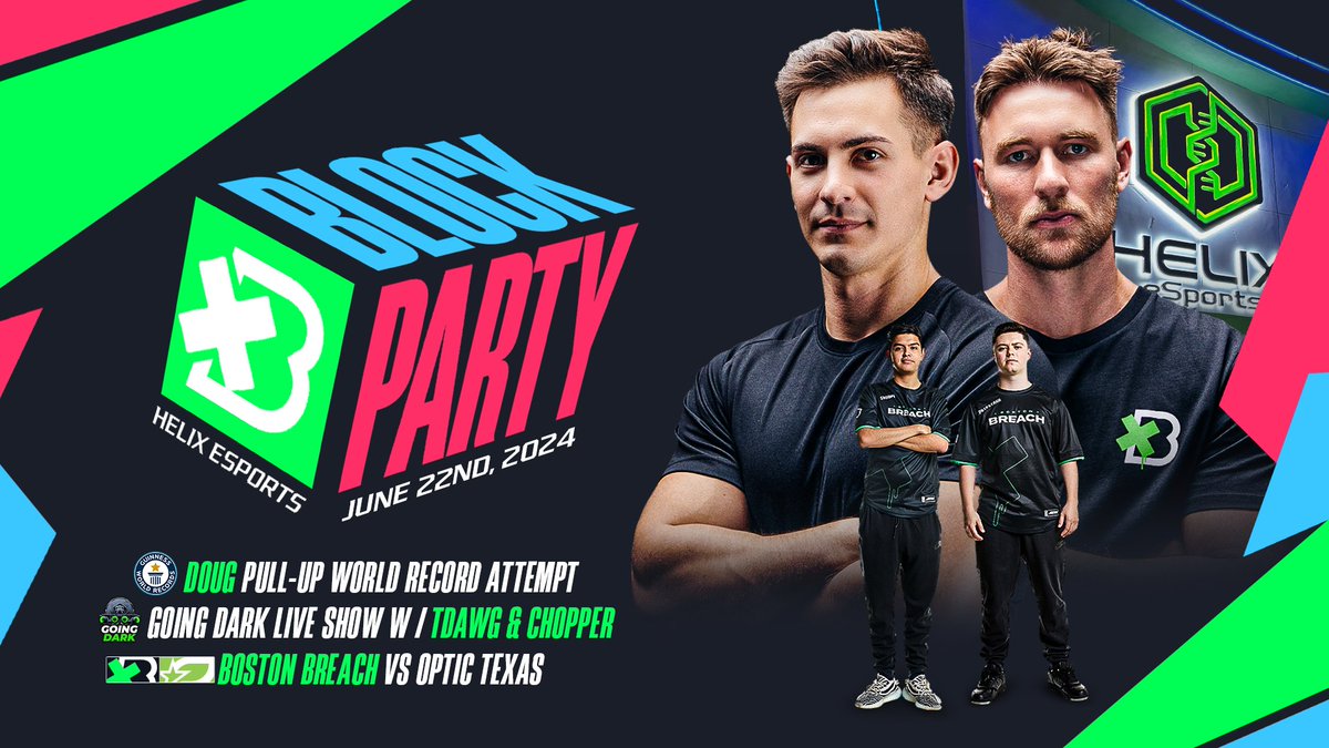 Introducing the Breach Block Party! 💪 Witness @censor's live attempt at shattering the 24-hour pull-up world record 🎙️ Live Going Dark w/ @tdawgsmitty & @TheCh0pper ⚔️ Final CDL regular season action featuring a Breach vs. OpTic watch party June 22nd | @HelixeSportsFX