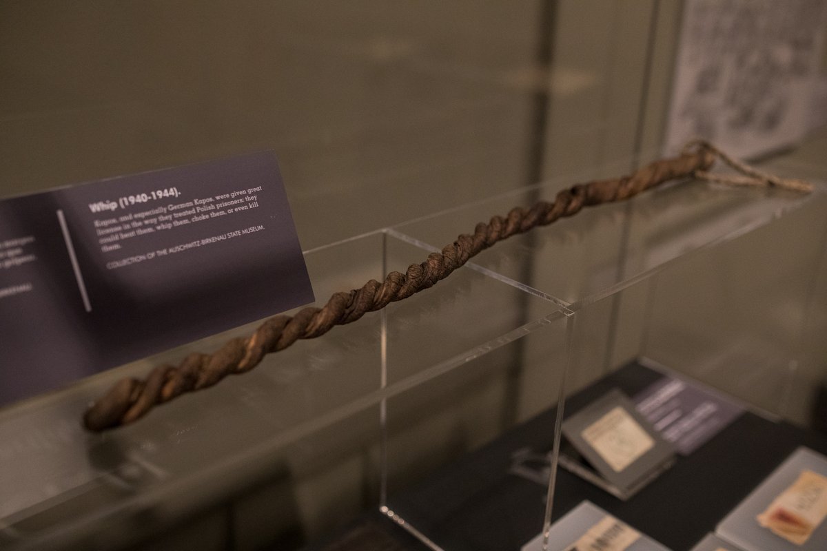 Kapos, and especially German Kapos, were given great license in the way they treated prisoners they supervised at work - they could beat them, choke them, or even kill them. This whip from @AuschwitzMuseum is displayed at @auschwitzxhibit during its stay in #Boston.