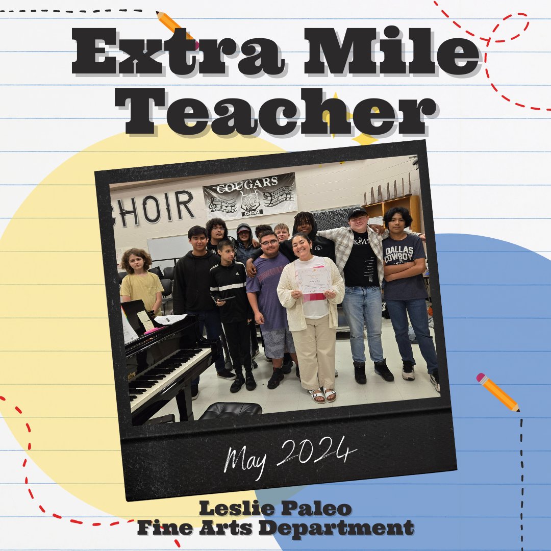 Congratulations to Ms. Paleo! She is the Extra Mile Teacher for the month of May. She had glowing nominations from her students! Thank you to @chefjasondady restaurants for donating gift certificates for our recipients! 🐾😊 @NISDClark @Clarkpub @clarkchoirnisd @TCClarkAVID
