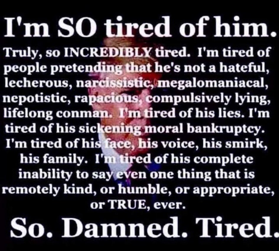 If you are like me, you can't wait until the election is over & or (which ever one comes first) Trump goes to jail. I talk about him because it's too damn important to leave anything negative about the bum on the table. I want him to lose massively. Are you So tired of him, too?