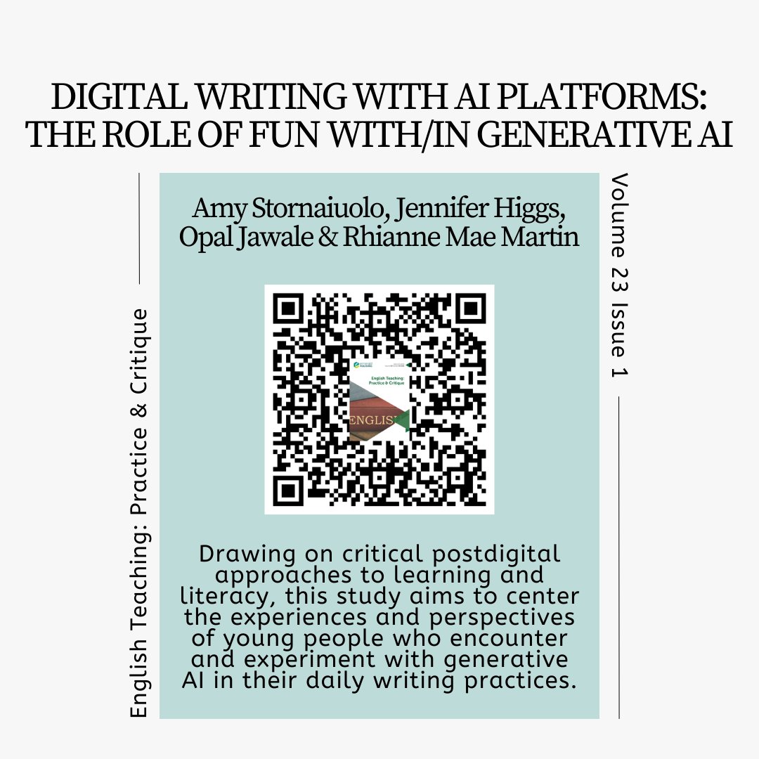 Next: Digital Writing with AI Platforms: The Role of Fun with/in Generative AI by @amystorn, @JMHiggs, Opal Jawale & Rhianne Mae Martin who center the experiences & perspectives of young people who encounter & experiment w/ generative AI in their daily writing practices.