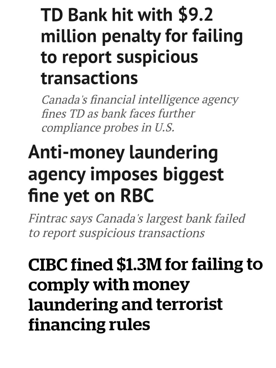 Canadian banks have been getting fined with noncompliance with money laundering and terrorists financing rules. TD Bank is under a huge investigation in the US right now for letting Chinese drug draffickers launder money from fentanyl sales. Instead of slapping them on the…