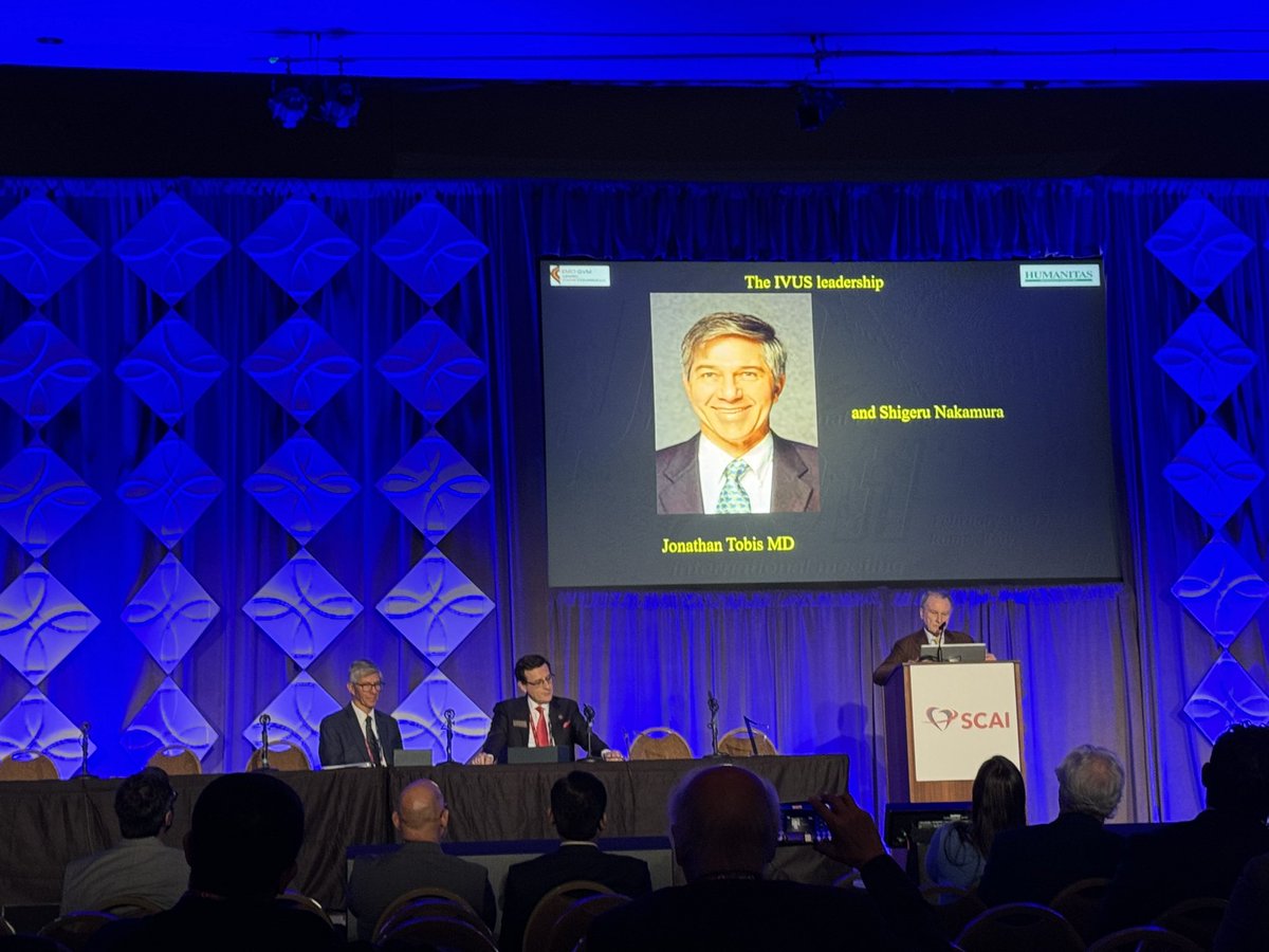 Antonio Colombo, MD and Jonathan Tobis, MD - recipients of the Mason Sones Lifetime Achievement Award - speaking about #IVUS in #PCI. He is appalled (rightfully so!) that we are still debating the utility of IVUS in the current era. #SCAI2024 @SCAI @BrownMedicine @BrownCardiology