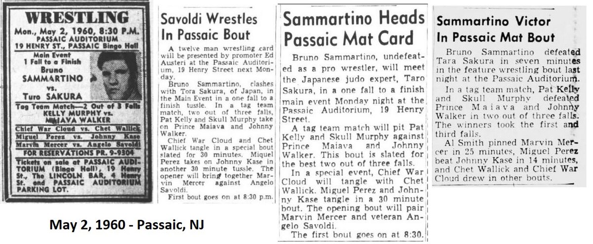 May 2, 1960 - Auditorium, Passaic, NJ Main Event: Bruno Sammartino vs. Taro Sakura
