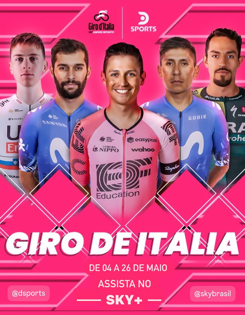 Neste sábado 04/05 terá início o @giroditalia 🇮🇹 

📺 Estarei narrando todas as etapas ao vivo no canal @dsports 🇧🇷 no app 📱 #SKY+ |  @skybrasil  com os comentários de @ltbittar  e convidados.

🚴 Viva o #GiroNoDSports 

#GirodItalia #Giro #CorsaRosa #AmoreInfinito #ciclismo