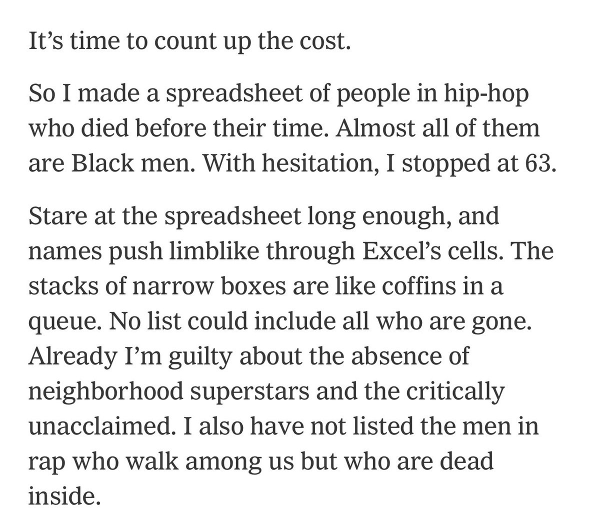 Rico Wade. Dallas Penn. DJ Mister Cee. i got into the hows and whys of people in rap dying before their time 🕊️ most are Black men 🕊️ i stopped at 63 souls 🙏🏽 and the list grows too fast 🙏🏽 gift link: nytimes.com/2023/08/08/mag…