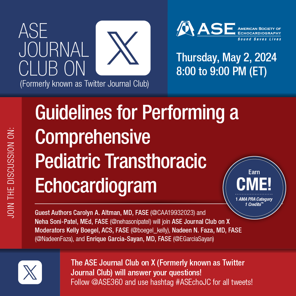 💥Join us TODAY at 8 pm EST for 📔 #ASEchoJC on the @ASE360 guidelines on pediatric #Echofirst! A pleasure having guest authors ✒️ @CAA19932023 & @nehasonipatel to share their expertise! Excited to moderate this with @boegel_kelly & @EGarciaSayan! #CME: bit.ly/3Q9ACrE