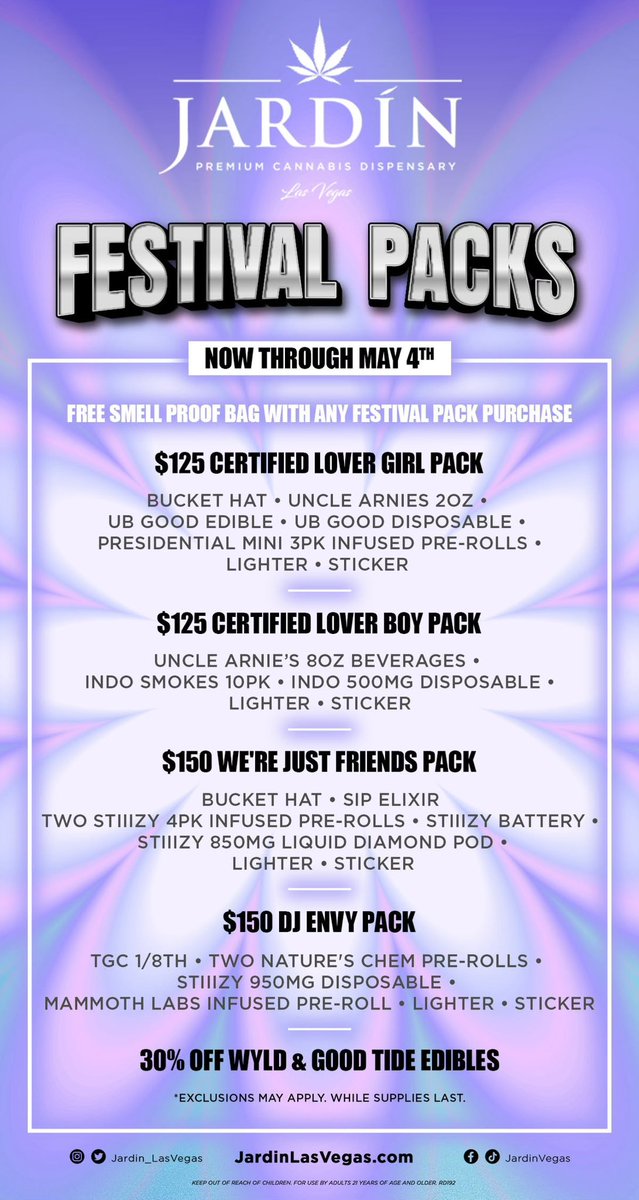 #loversandfriends Festival Packs! 💨 jardinlasvegas.com/store/offers