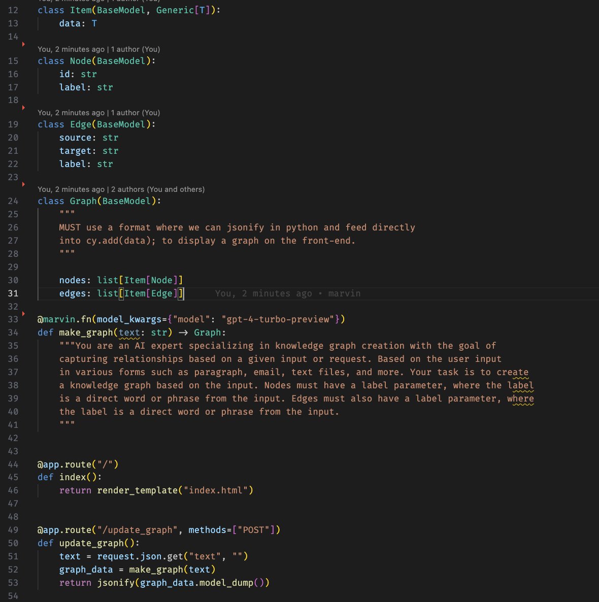 zzstoatzz's tweet image. this is awesome!

for anyone who&apos;s curious, you can be more (ahem) pydantic about how you get the graph back with @AskMarvinAI  which works out pretty cleanly

github.com/zzstoatzz/pret…
