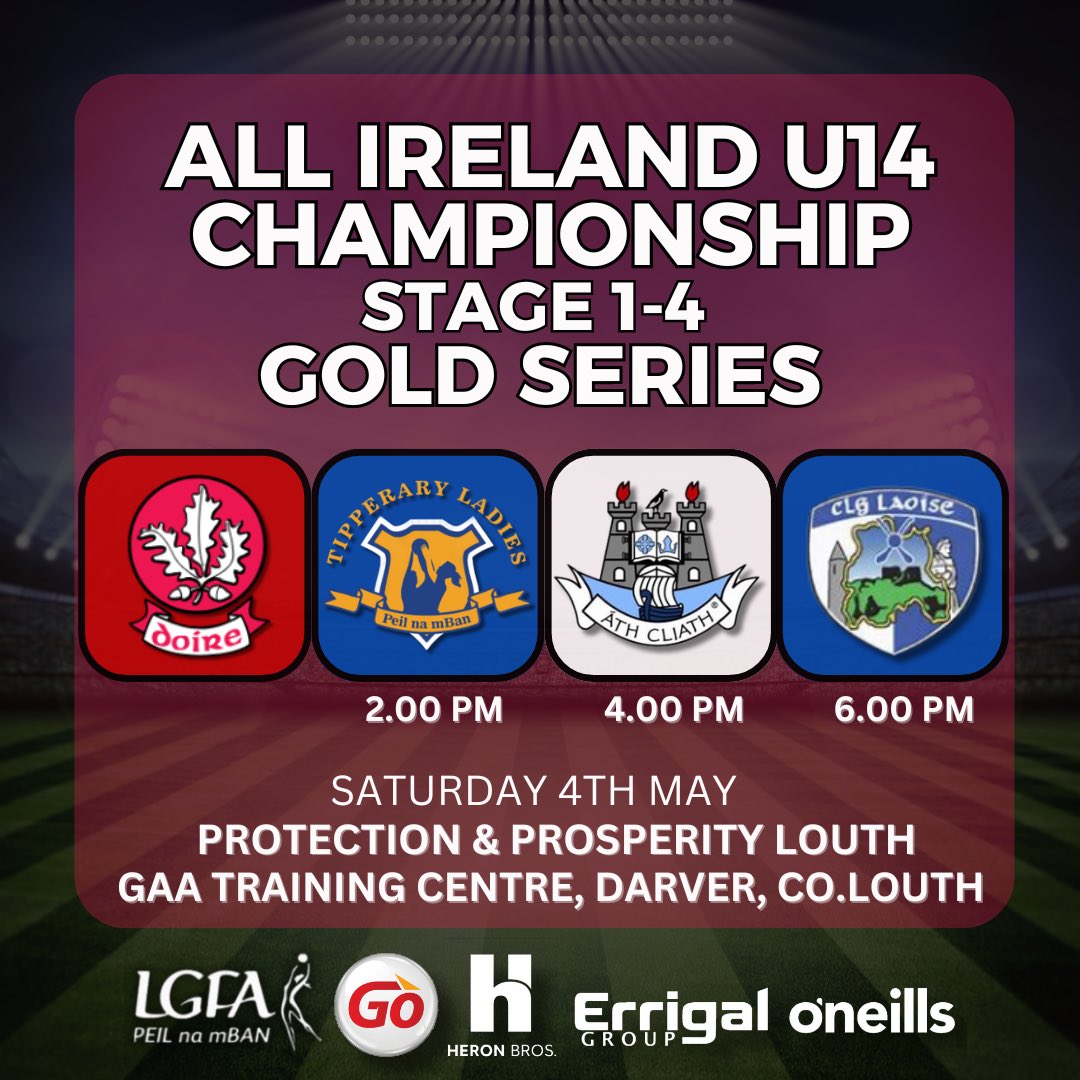 DERRY 🆚 TIPPERARY - DUBLIN - LAOIS

🏆 Gold Series 
🗓️ Saturday 4th May
⏰ 2.00pm & 4.00pm & 6.00pm 
🏟️ Protection & Prosperity Louth GAA Training Centre, Darver, Co. Louth

@LadiesFootball 

❤️🤍