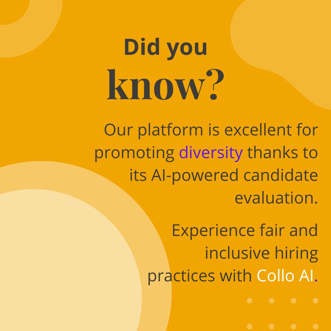 Collo AI helps mitigate biases, fostering fairer and more inclusive hiring practices. Join us in building a more diverse workforce! 
#ColloAI #WeAreColloAI
#DiversityInTech #InclusiveHiring #AIRecruitment #EqualityForAll #AI