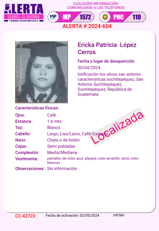 #AlertaIsabelClaudina 📣 Localizada❗ Ericka Patricia López Cerros Ha sido localizada 📌 Agradecemos haber compartido la información 👌🏼