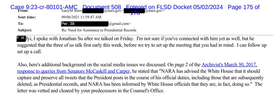 Gary Stern, NARA general counsel, all over this scandal. He met with Dana Remus, WH counsel, at the White House in August 2021 but Stern had been communicating with Su and DOJ prior to that.