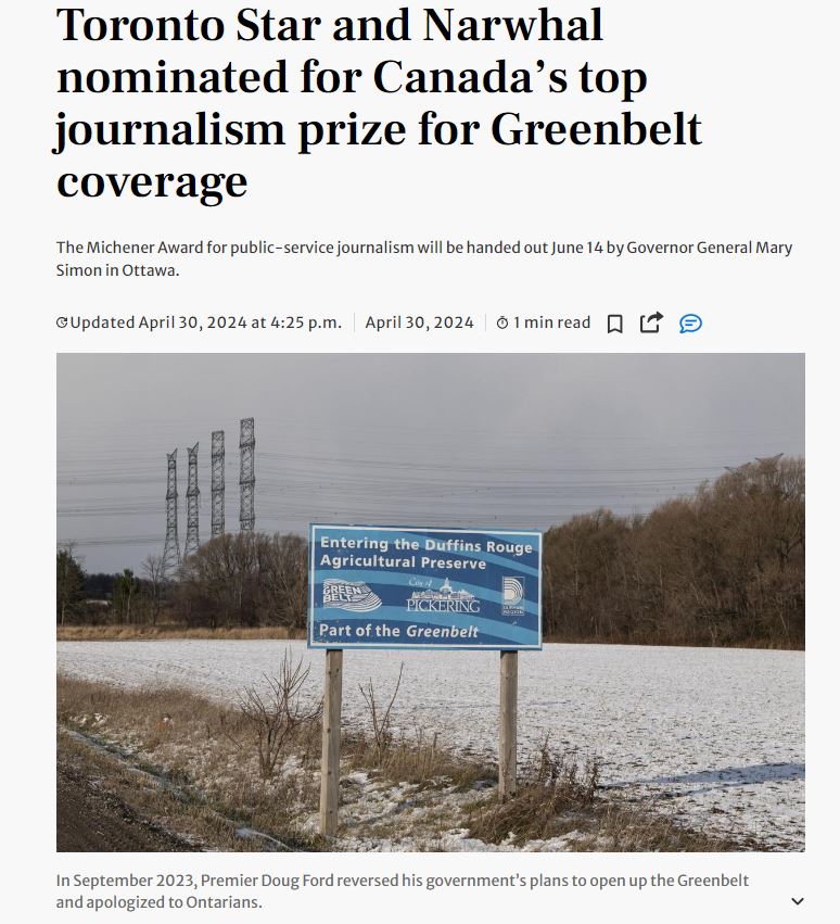 👏Congrats! '@TorontoStar & @thenarwhalca collaborative reporting on ON's #GreenbeltScandal nominated for Michener Award, which recognizes the country’s best public-service journalism.'
#onpoli #DougFord #developers #buddies #journalism #award