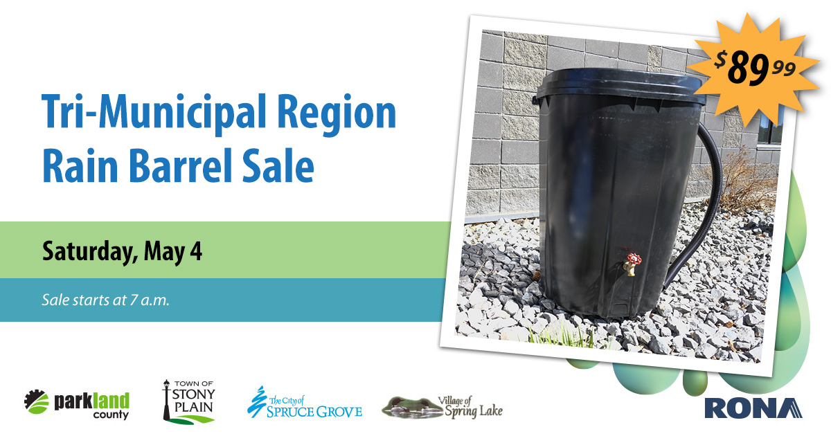 Reminder! Pick up a rain barrel at #TriMuniRgn #RainBarrelSale this Saturday, May 4 at RONA Home Centre in #SpruceGrove. Sale starts at 7 a.m. (2/person, while quant. last) Details: sprucegrove.org/RainBarrelSale 
#StonyPlain #ParklandCounty #VillageofSpringLake